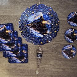 Polar Express Bundle Wind Spinner, Coasters Ornaments