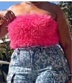Hot pink furry strapless top