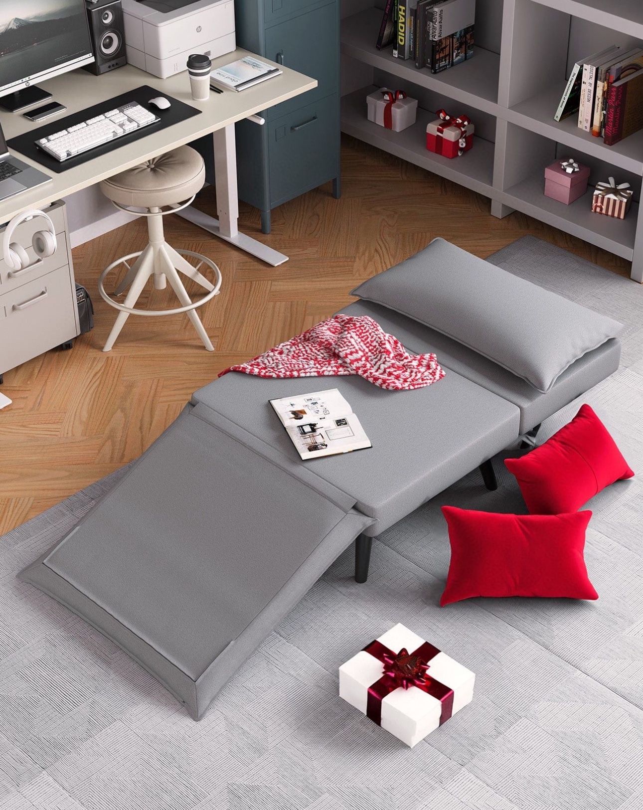 Convertible C-h-air B-e-d, 5 in 1 Folding Fabric Slee-per C-ha-ir, S-o-f-a Be-d , 5 Level Adjustable Backrest