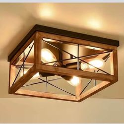 12.6 in 4-Light Black Wooden LED Flush Mount Ceiling Light