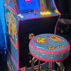 Custom Ms Pac Man Gaming Arcade 1up With Over 12,000 Video Games and Matching Stool