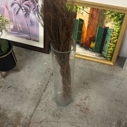 Tall Clear Glass Floor Vase w/ Decorative Dried Branches