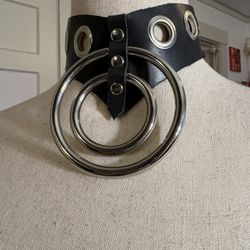 BDSM Bullseye Leather Choker Necklace 2 Metal Rings 