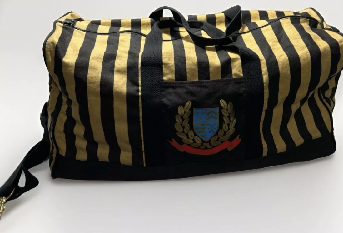 VTG 1993 Avon Striped Crest Graphic Canvas Overnighter Tan Black Duffle Bag 25"