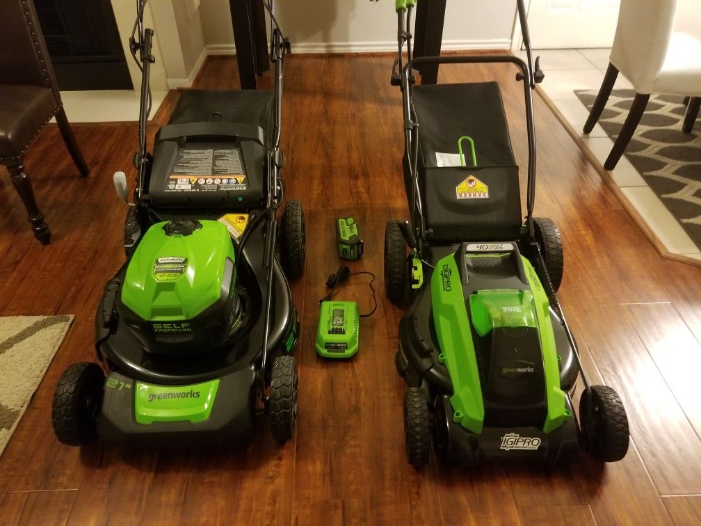Green works cordless 40 volt 21 and 19 inch self propelled lawn mowers