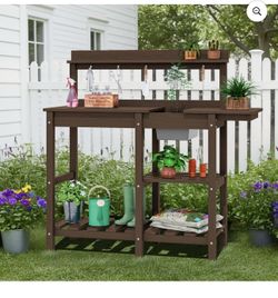 SERWALL Potting Bench Outdoor Potting Table with Sink, HDPE Material All Weather Use- Coffee brand new in box $99 D62