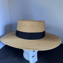 Patina The Juno Wide Brim Paper Braid Sun Hat Beige Black Band XL NWT