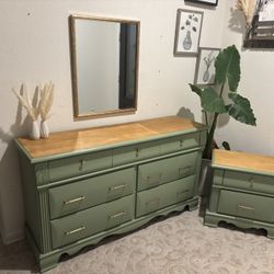 Modern Sage Green Dresser & Nightstand Set | Solid Wood Tops | Lined Drawers