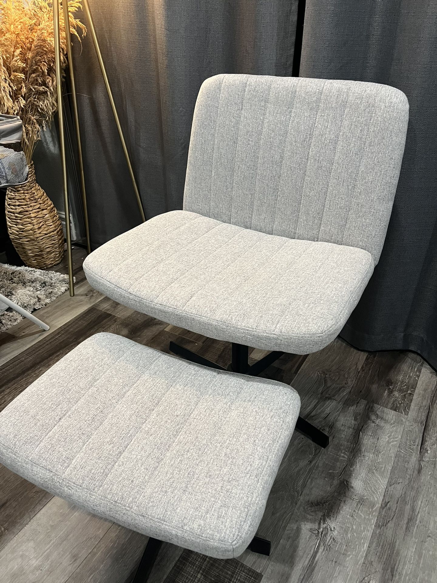 Criss Cross Padded Chair with Ottoman, Grey, Wide Seat