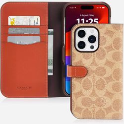 Coach Signature Canvas Two Piece Detachable Wallet Folio iPhone 15 Pro Max Case, Compatible with Wireless Charging - Signature Tan