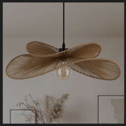 22.8" Large Boho Rattan Pendant Light, Handwoven Wicker Hanging Lamp, Natural Wave Design Dining Room Light Fixture, Ceiling Pendant Light for Kitchen
