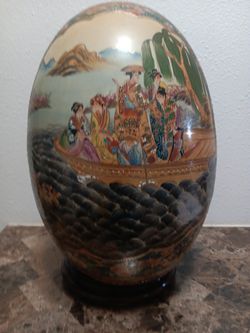 Vintage Satsuma - Style Decorative Large Egg With Stand