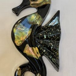 Vintage Lucite Acrylic Seahorse Abalone Shell Wall Art Decor 9-3/4”H