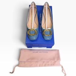 Stuart Weitzman Anicia 25 Pumps 5.5 B Cerulean Blue Patent Gold Buckle W/ Box