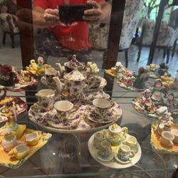 Curio with Collectible Miniature China Cups, Saucers, Decorative Plates