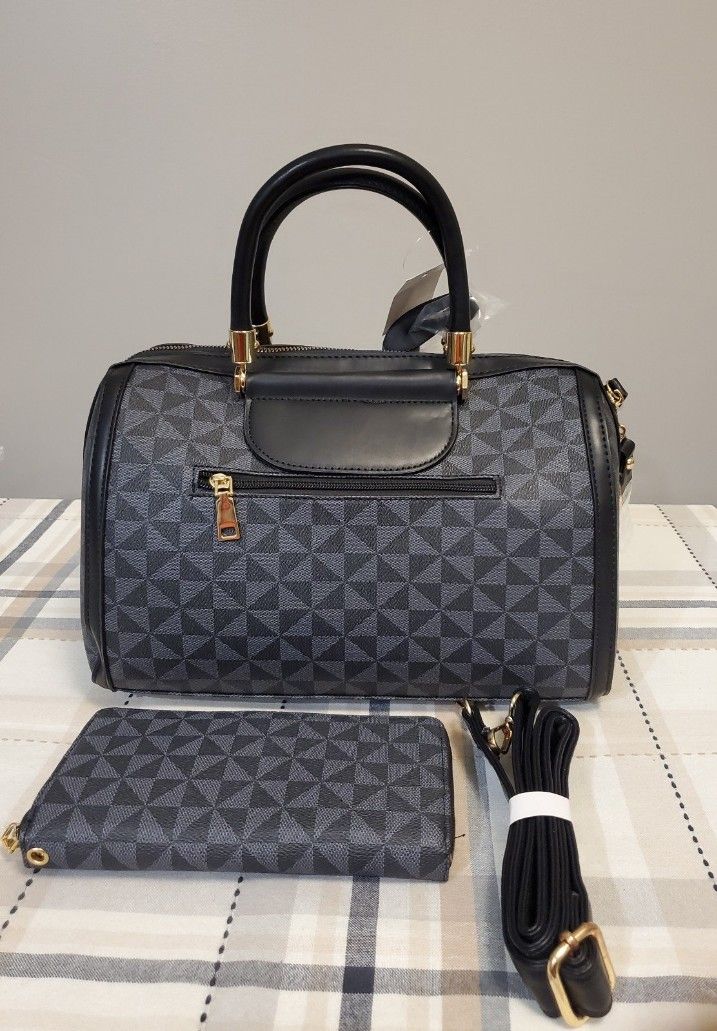 Mini Duffle Triangle Pattern Vegan Leather Bag with Matching Wallet and Crossbody Strap