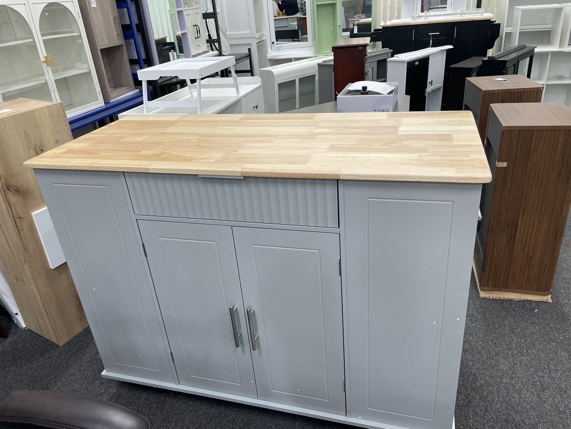 Assembled New Fluted Kitchen Island with Trash Can Storage Cabinet, Power Outlet Internal Storage