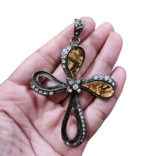 Silver Toned Bling Brown Marbled Gem Cross Pendant