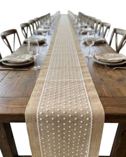 Long Burlap Table Runner White Lace Polka Dots 144” Farmhouse Entertaining