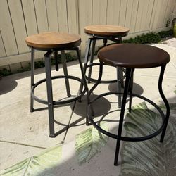 Set of 3,  Adjustable Wooden And Iron Bar Stools