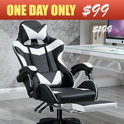 Massage White Gaming Chair with Headrest + FootRest + Lumbar Support for E-Sports