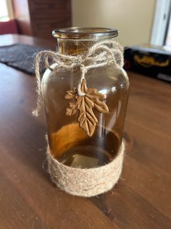 Hobby Lobby Amber Glass Vase with Jute and Leaf Detail