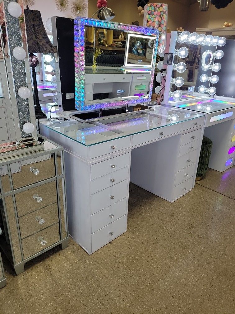 White Vanity Table And Beautiful Mirror With Bluetooth Speakers