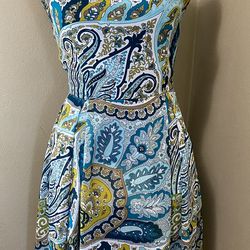 YELLOW STAR Teal Paisley Skater Dress Sleeveless Pleated Lined Boho Women's S
