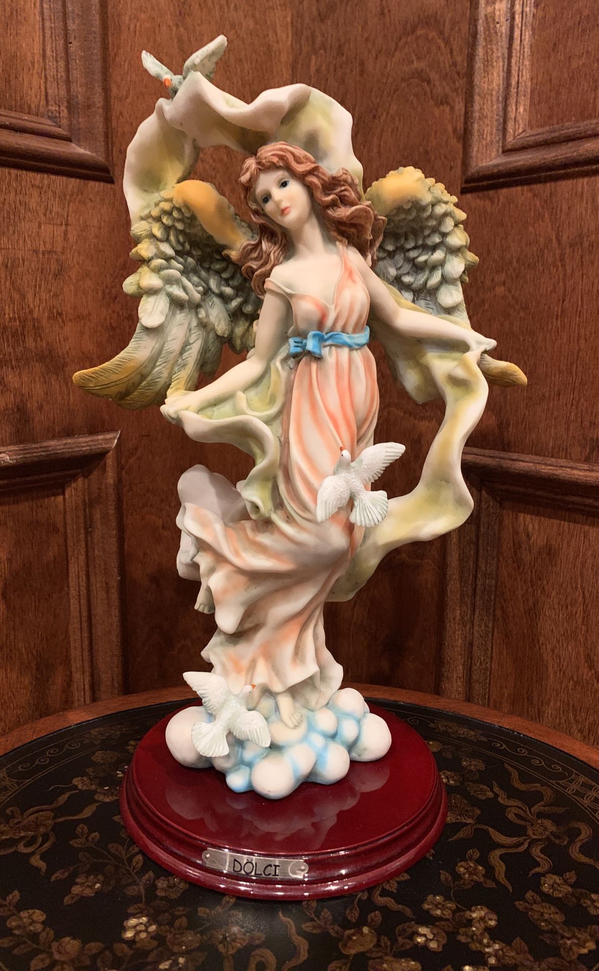 Collectible! Dolci Angel Sculpture / Figurine / Statue in Flowing Gown on a Cloud w/ Beautiful Wings and Doves - Coral, Sage, Blue, and Golden Accents