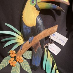 T.I. DESIGN TOUCAN WOOD CARVED WALL SCULPTURE 