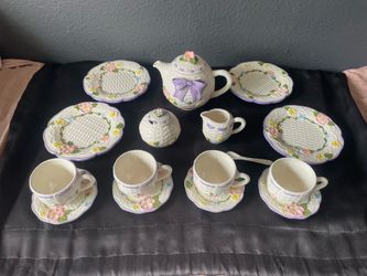 Vintage hand painted 1980s tea set, ceramic.