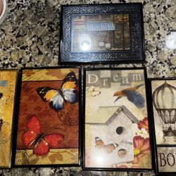 Framed Wall Art Set – Butterflies, Paris, Café – 5 Pieces