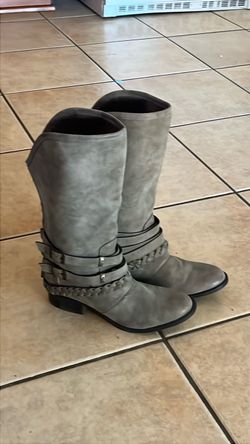 Gray Tall Moto Boots with Buckle Straps
