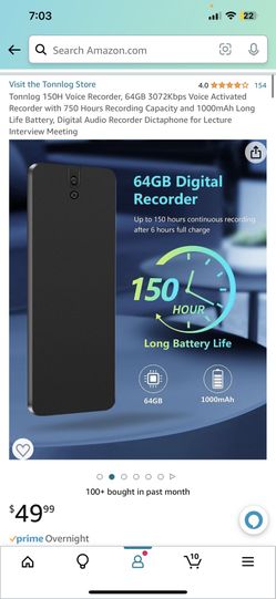 Tonnlog 150H Voice Recorder, 64GB 3072Kbps Voice Activated Recorder with 750 Hours Recording Capacity 