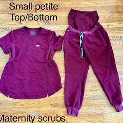 Maternity Scrubs, Burgundy, Small Top And Bottom Petite 