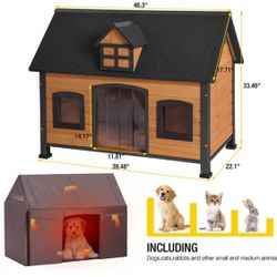 🥨Aivituvin AIR90-lN 46.3”Width Large Dog House Anti-Chewing Metal Frame Design Insulated Wooden Dog Kennel with Unique Design Roof, Weatherproof 