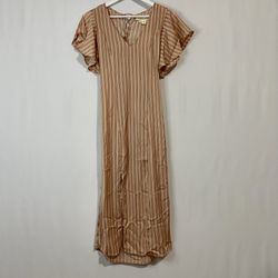 Free People X Saltwater Luxe Women’s Stripe Angel Sleeve V Neck Midi Dress Taupe