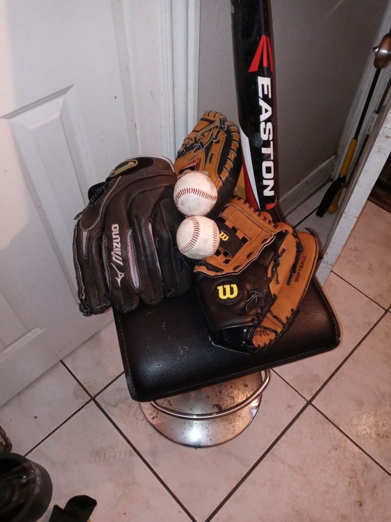 2 Softball Gloves With Catcher mit And Easton Bat