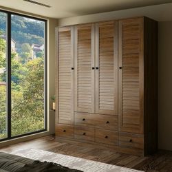 Wardrobe Armorie with Shutter Door, Closet Storage Cabinet and 5 Drawers and Hanging Rod for Bedroom, Walnut