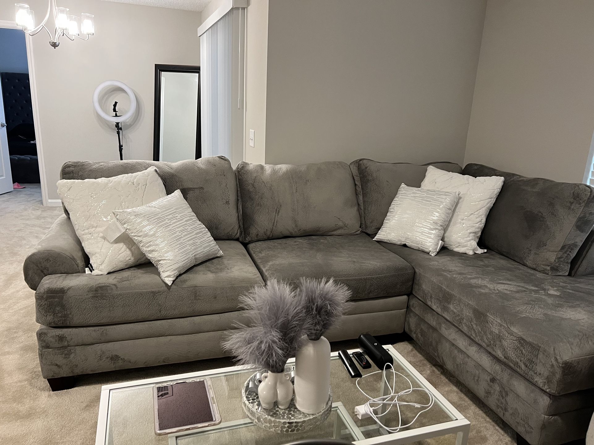 Grey Sectional Couch and Swivel Chair