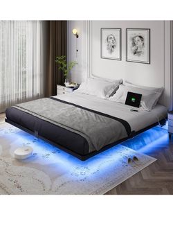 King Size Floating Bed Frame, Metal Platform, with LED Light and Charging Station, No Box Spring Needed, Noise-Free, Easy Assembly