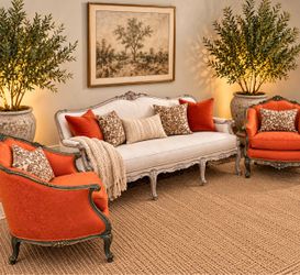 Vintage French Louis XV–style antique vintage settee and two French Louis XV–style bergère armchairs