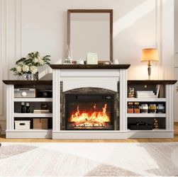 72" Electric Fireplace TV Stand, Electric Fireplace with Mantel, Modern Entertainment Center with Storage, Realistic Stacked Stone Surround for Living