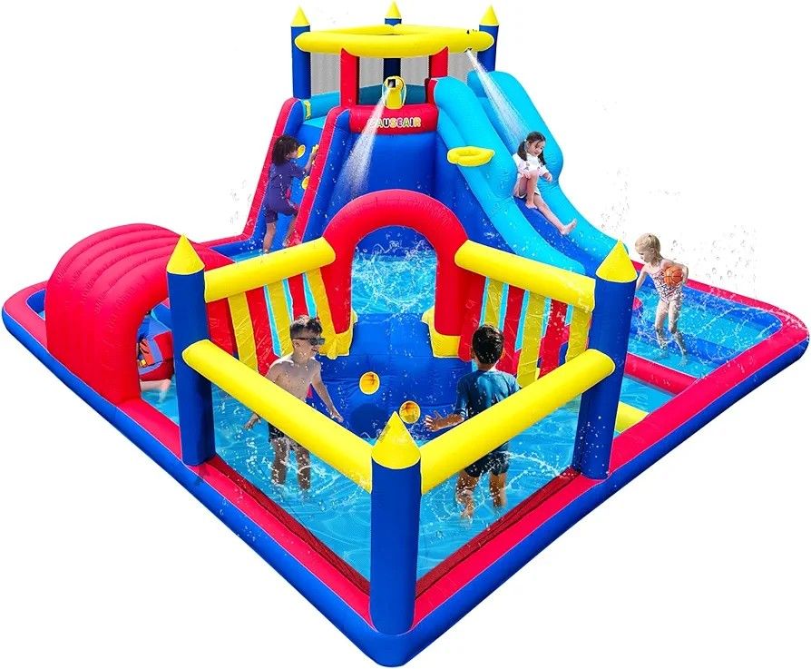 Causeair Inflatable Square Water Slide Park,15x15FT,Big Splash Pool,Long&Short Slides,Fun Crawl Tunnel,Basketball Hoop,GFCI Blower,Bounce Castle for P