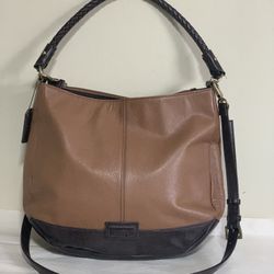 Tignanello Two-Tone Brown Leather Hobo Shoulder Bag with Braided Strap Crossbody