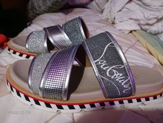 Christian Louboutin silver Glitter Slide Sandals with Striped Sole