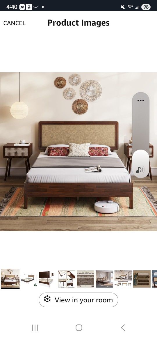 Bme Nipe Full 14 Inch Bohemian Bed Frame with Adjustable Wicker Headboard - Rustic & Vintage Unique Style with Acacia Wood - No Box Spring Needed - Ea