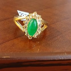 Genuine Green Jade Oval Beads CubicZirconia Ring