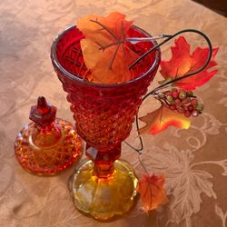 Vintage Mid Century Amberina Glass Apothecary Jar/Candy Dish with Lid — L E Smith — Circa 1960