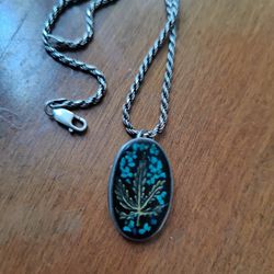 925 Sterling Chain & Silver/Turquoise Flake Hemp/Cannabis Pendant